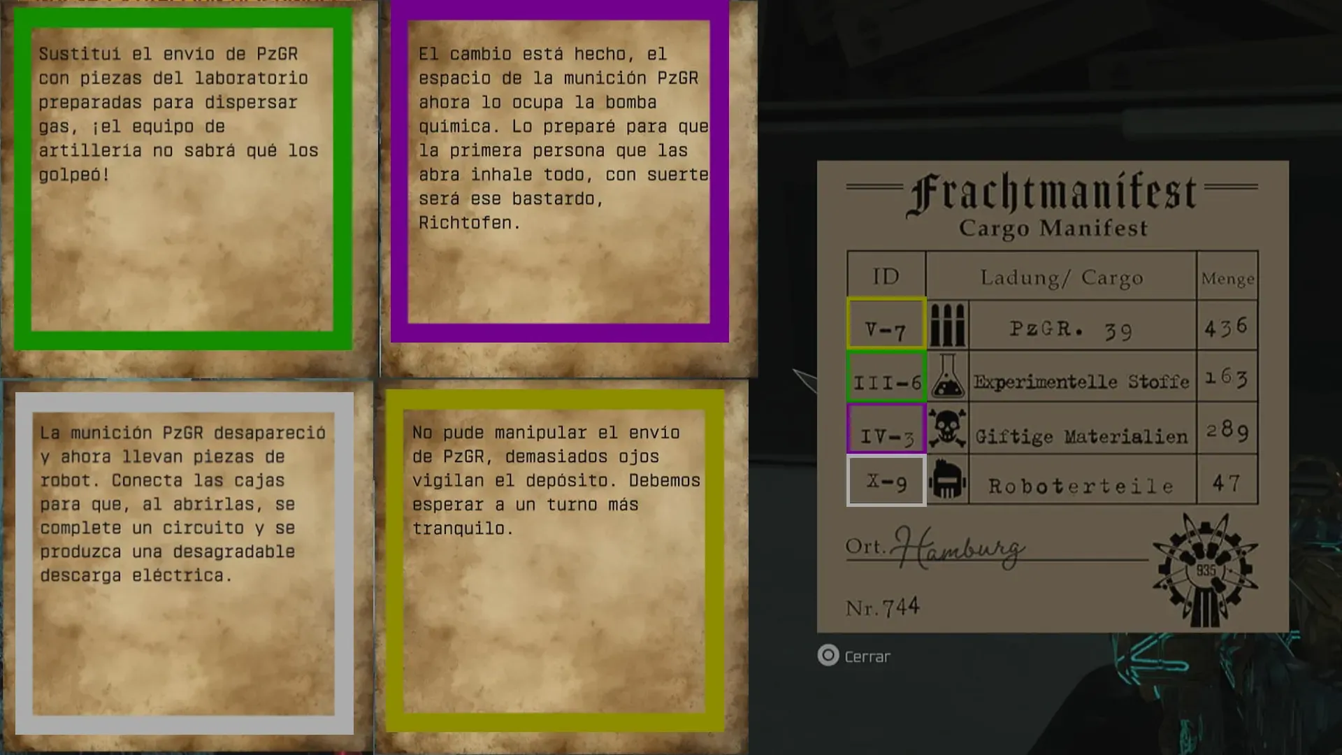 Tabla de cajas marcadas según la nota de PzGR